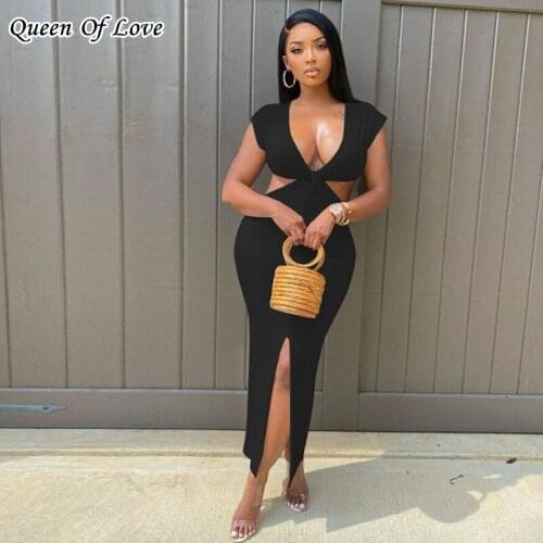 Black Cut Out Sleeveless Maxi Dress Women V Neck Backless Bodycon Sexy Streetwear Club Party Split Dresses 2021 Summer