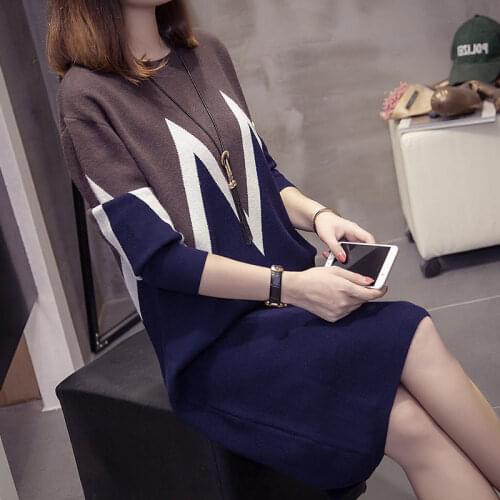 Plus Size Womens Sweater Dress Mid-length 2020 Autumn and Winter Loose Fashion “W” Pattern Patchwork Base Knitted Dress Y074