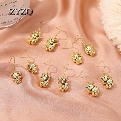 ZYZQ 2021 Cute Chinese Style Zodiac Bull Earrings For Women Fashion Gold Color Animal Bull Brincos New Year Gift Accessories
