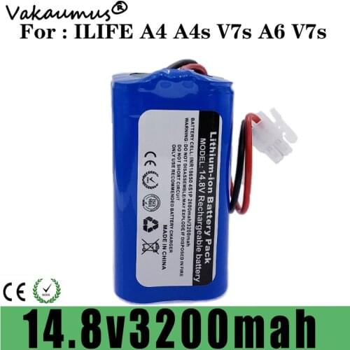 100% / New 14.8V 2600mAh 3200mAh lithium-ion rechargeable battery for iLife A4 A4S V7S A6 V7S Plus iLife robot vacuum cleaner