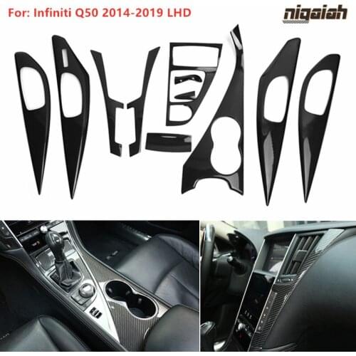 11pcs Carbon Fiber Q50 Interior Parts Panel Air Vent Gear Shift Board Cover Door Handle Trim for Infiniti Q50 2013-2019 LHD