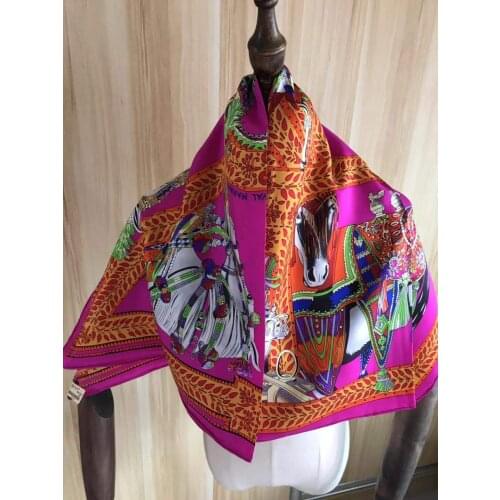 2021 new arrival winter spring classic horse 100% pure silk scarf twill hand made roll 90*90 cm shawl wrap for women lady