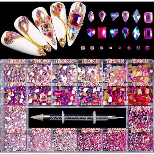 3100Pcs/Box Mixed AB Glass Crystal Diamond In Grids 21 Shape Flat back Nail Art Rhinestone Set With 1 Pick Up Pen