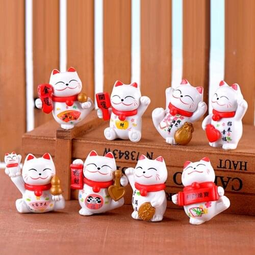 8PCS Cute Cartoon Lucky Cat Decorations Ornaments for Miniature Fairy Garden Micro Landscape Cake Car Home Garden Mix Style