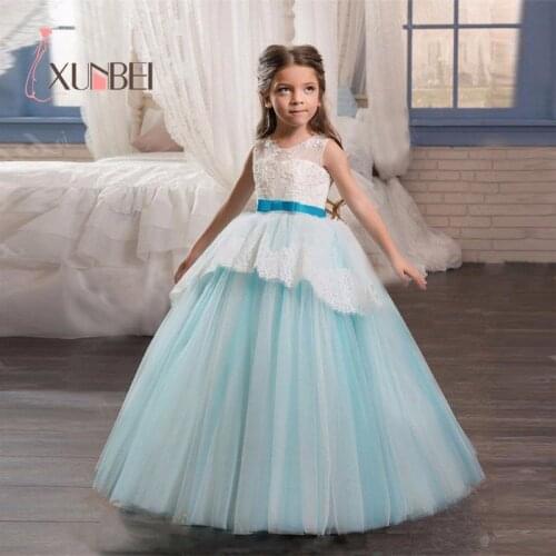 Princess Ball Gown Blue Tulle Flower Girl Dresses Lace Applique Girls Pageant Dress First Communion Dresses Party Gown