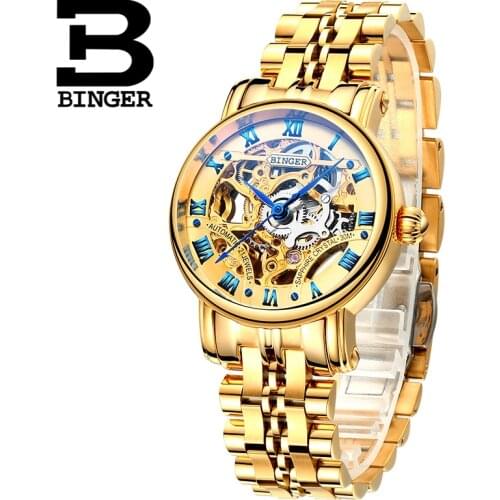 Switzerland BINGER Transparent Case 2019 Fashion Golden Stainless Steel Women Mechanical Watch Top Brand Luxury Skeleton Watches