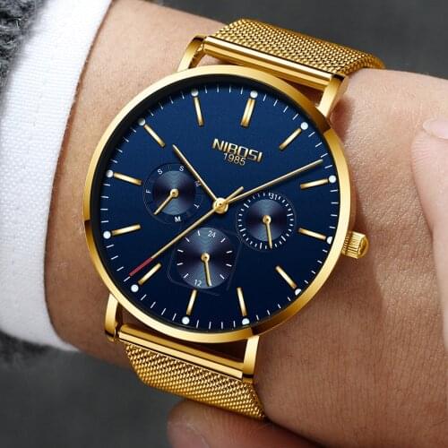 NIBOSI Mens Quartz Wrist Watch Ultra Thin Gold Mesh Belt Clock men top Luxury Brand Waterproof Watches for sports new relogio