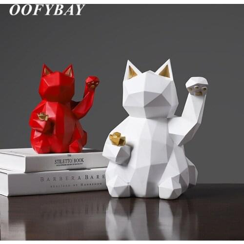 European Resin Geometric Lucky Cat Sculpture Fashion Modern Animal Statue Office Desktop Ornaments Home Decoration Furnishings