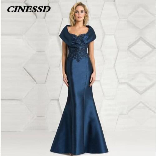 2021 Latest Elegant Mermaid Navy Lace Applique Cap Sleeve Mother of the Bride Dresses Beaded Wedding Guest Gowns Full Length