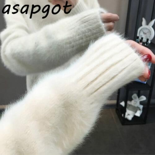 Minimalism Mohair Fashion White Half Turtleneck Plus Size Winter Sweaters New Chic Korean Loose Outwear Knitwear Tops Pull Solid