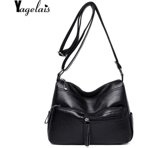 Fashion Lady Messenger Bag Black Soft Washed Leather Shoulder Bag Patchwork Messenger Bag Small Bag Girl