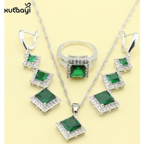 XUTAAYI Fashion Silver color Color Jewelry Sets Green Cubic Zirconia Gleaming Necklace Rings Earrings Wedding Jewelry For Women