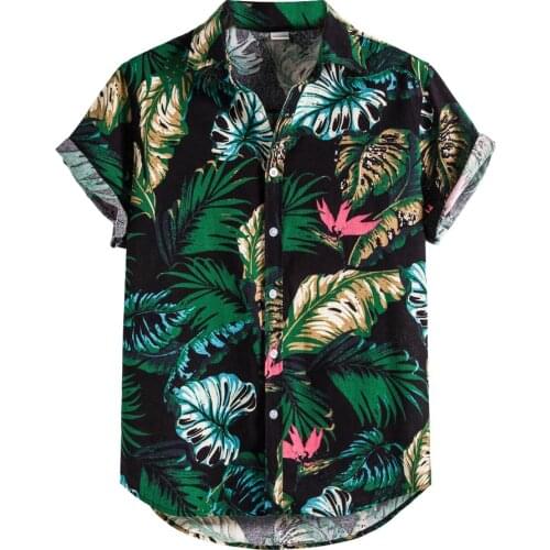 Mens Linen Ethnic Hawaiian Camicias Short Sleeve Casual Leaf Printing Blouse Streetwear Turn Down Collar Blusas Chemise Homme