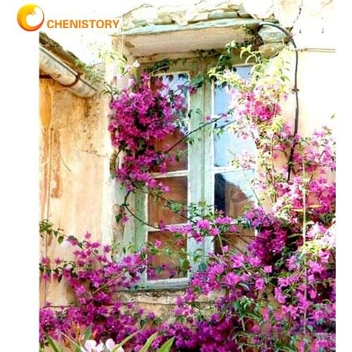 CHENISTORY Oil Painting By Numbers Window Flowers On Canvas For Adults DIY Kits Acrylic Paint Drawing Coloring By Number Decor
