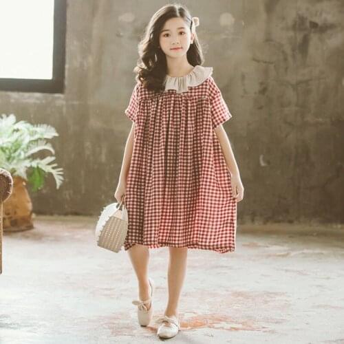 2021 New Summer Girls Dress Japanese Korean Checkered Clothing Loose SimpleTemperament Doll Collar Teens Children Princess Dress