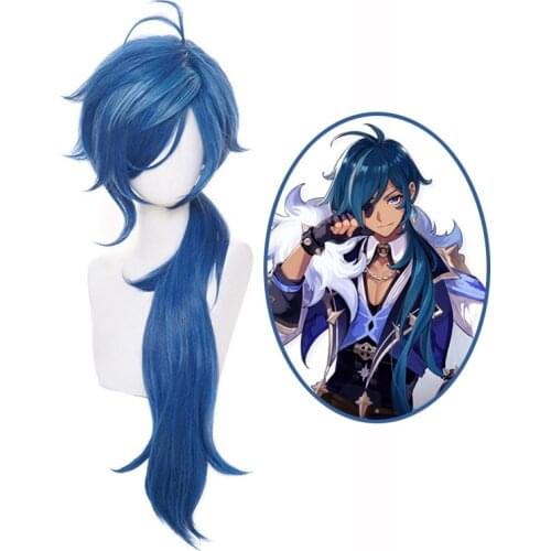 Genshin Impact Kaeya Dark Blue Long Wig Cosplay Costume Heat Resistant Synthetic Hair Kaeya Alberch Men Women Wigs