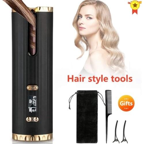 Cordless Automatic Hair Curler USB Rechargeable Curling Iron Curls Waves LCD Display Ceramic Curly Rotating Curling Wave Styler