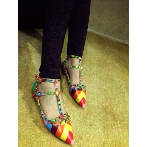 Rainbow Ankle Strap Studded Rockstud Slip On Rivets Flats Strappy Buckle Walking Soft Women Shoes Color Mixing Travel Size 35-43