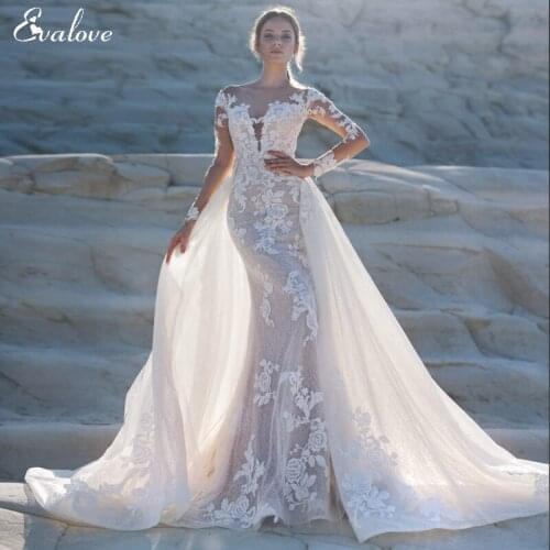 EVALOVE Gorgeous Appliques Detachable Train Mermaid Wedding Dress Elegant Scoop Neck Long Sleeve Customized Vintage Bridal Gown