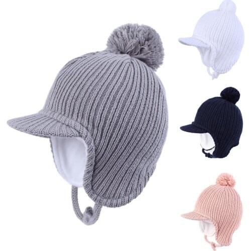 Connectyle Baby Toddler Infant Kids Autumn And Winter Visor Knitted Hat Fleece Lined Warm Earflap Beanie Cap For Boys Girls