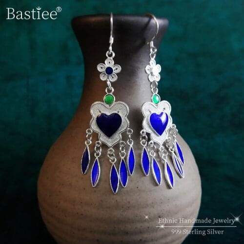 Bastiee 999 Sterling Silver Drop Earrings For Women Cloisonne Enamel Heart Earings Fashion Jewelry Boho Korean Handmade Luxury