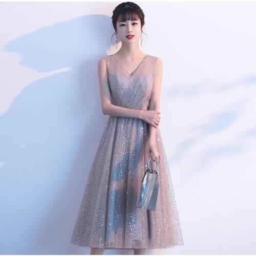 Elegant Sequins Evening Party Dresses V-neck Prom Dress 2021 Cheap Vintage Knee Length A Line Formal Gown Zipper Robe De Soiree
