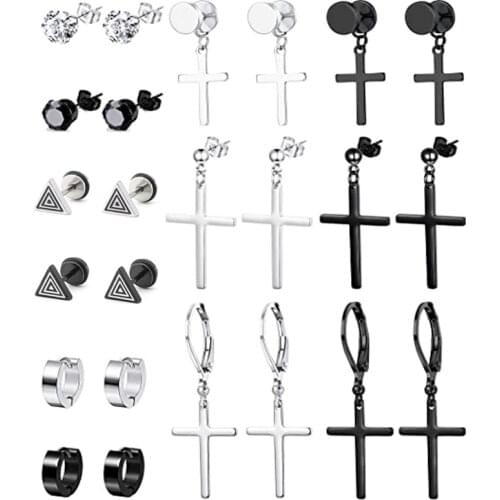 12 Pairs/24 Pcs of Fashion Classic Stainless Steel Hinge Earrings Mens And Womens Cross Pendant Earrings Piercing set