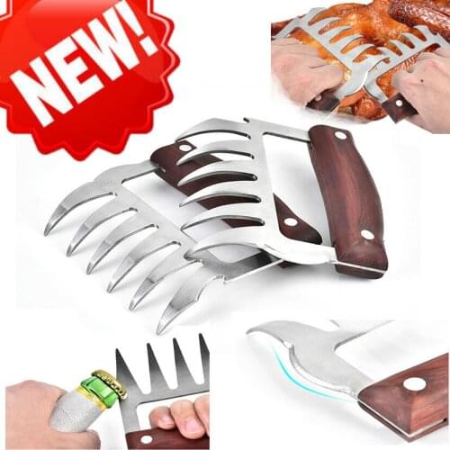 2 Pcs/Set Stainless Steel Bear Claw Wooden Handle Meat Divided Tearing Flesh Multifunction Meat Shred Pork Clamp BBQ Tool