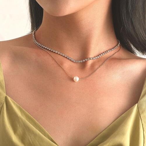 2pcs/set Vintage Double Layer Imitation Pearl Necklace Rhinestone Pendant Chain Choker Women Party Jewelry New Collar Gifts
