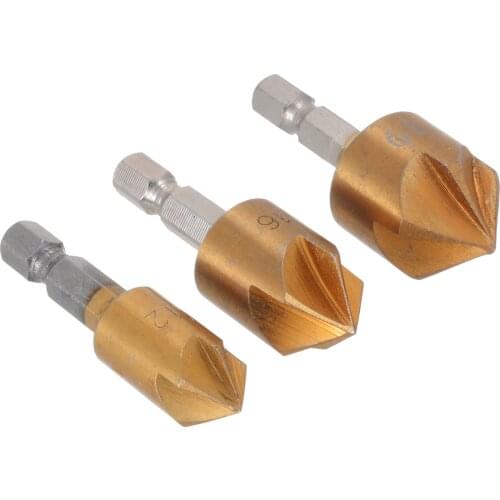 3Pcs HSS 1/4" Hex Shank Chamfer Cutter Debur 5 Flute Deburr Countersink Drill Bits For Woodworking Chamfer Countersink Drill