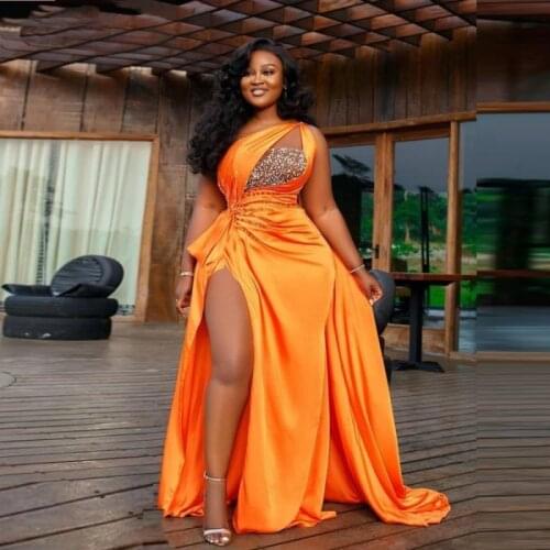 African Orange Sexy One Shoulder Prom Dresses Sequins Beaded Ruffles Evening Gowns High Split Formal Party Dress 2021