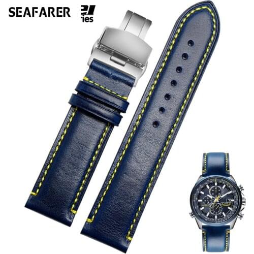 For Substitute Citizen AT8020 JY8078 Wristband Genuine Leather Strap 23mm Blue Watch Band With Folding Buckle Bracelet
