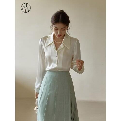 DUSHU Office Ladies Early Autumn 2021 6A Grade Suit Collar Silk Shirt Long Sleeves White Temperament Commuter Top Woman Shirts