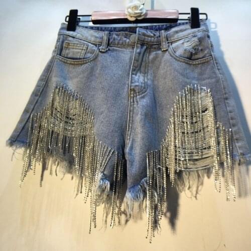 Female Denim Shorts 2021 Summer Wear New High Waist Slimming Heavy Beaded Sequin Fringed Ripped Wide Leg Pants Jeans XS2097