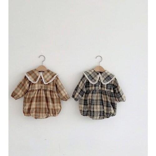 Baby Spring Autumn Clothing Newborn Infant Baby Girls Cotton Plaid Lace Peter Pan Collar Long Sleeves Bodysuit Jumpsuit 0-24M
