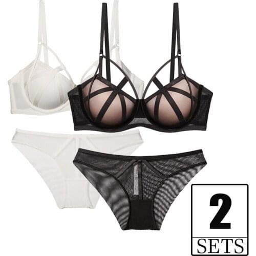 2 Piece Sets Deep V Bra And Panties Sexy Lingerie Thick Padded Underwire Push Up Mesh Women Underwear Set Black White B C D Cup