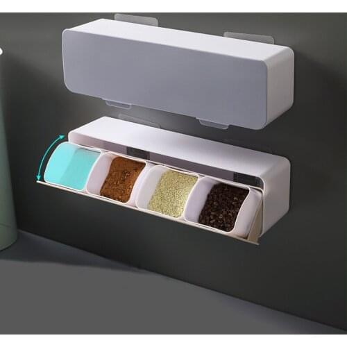 Kitchen moisture-proof seasoning box wall-mounted four-compartment with lid seasoning rack household condiment storage box