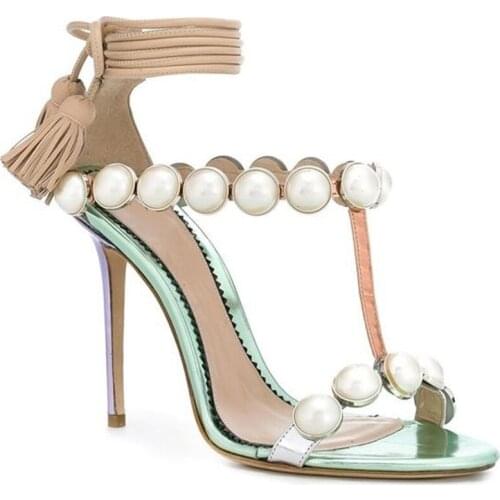 Summer T- Strap White Pearl Studs Sandals Tassel Bandage Zapatos Thin High Heels Peep Toe Fringed Lace Up Sandalias