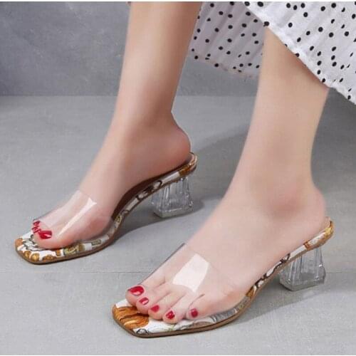 Fashion Women Sandals Slippers Female Transparent Womens Shoes Mules Slides Crystal Heels 6.5cm Slippers Home Outside Beach