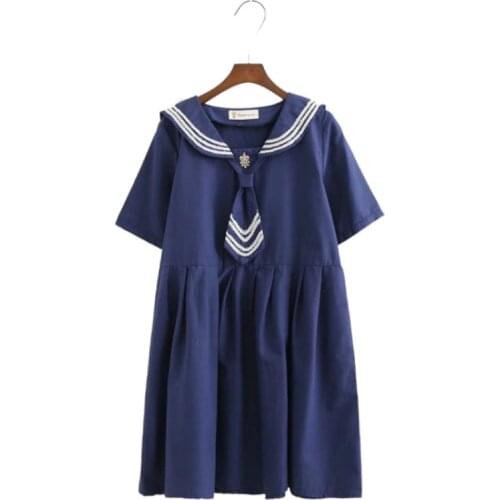 XUANHAO White Navy Tie Sailor Collar Girls Cotton Dress Embroidery Mini A Line Dress Summer Preppy Style Sweet Dress Women