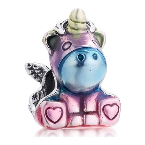 Fits Pandora Bracelet Colourful Rainbow the Unicorn Charm Real 925 Sterling Silver Charms Beads Women Jewelry DIY Making rosario