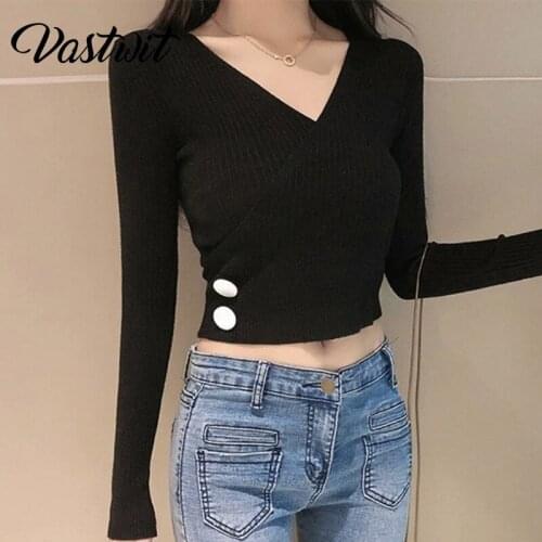 Spring Autumn V-Neck Button Solid Color Short Pullovers Women Knitted Tops Sweater Slim Fit Long Sleeve Ribbed Bodycon Jumpers
