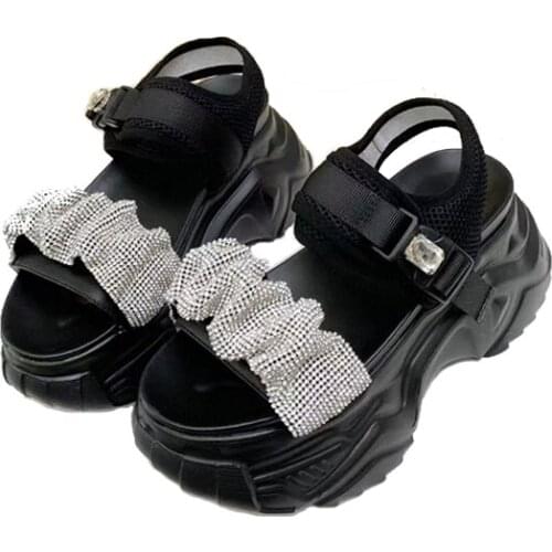 Leather Modern Sandals Women High Platform Sole Artificial Diamond Decoration Pleated Open-Toed Fashion Shoes in Summer Fashion