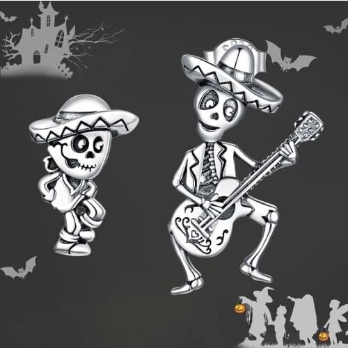 Bamoer silver Stud Earrings for Women Skull Man with Guitar Jewelry Gift for Girl 925 Sterling Silver earring Jewelry BSE420