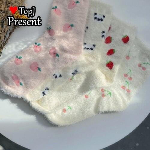 Japanese autumn and winter new ermine socks Strawberry Peach print lovely panda rex rabbit hair warm floor socks Fuzzy socks