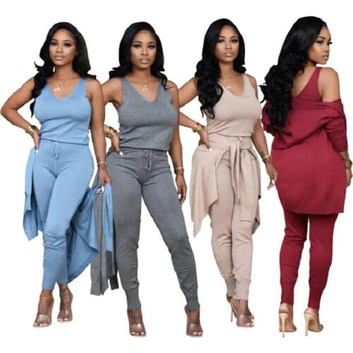 Solid Color Long Sleeves Coat & Tank Top & Trousers Women Fashion Suit 2020 Autumn Hot Selling Office Lady 3 Pieces Set