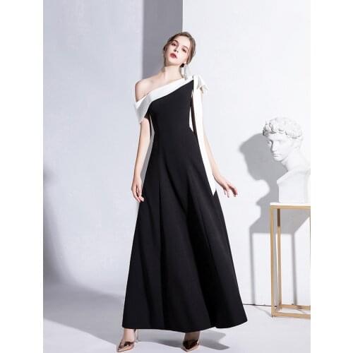 Elegant Celebrity Dress One Shoulder A-Line Satin Black White Special Bow Vintage Sleeveless Red Carpet Party Prom Evening Gowns