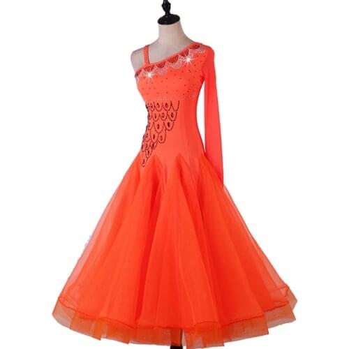 Ballroom Dance Dresses Long Sleeve foxtrot Women Stage Waltz Ballroom Dress orange MQ211