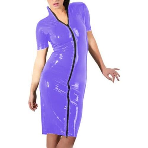 Women Dress with Front Zipper PVC Leather Lady Bodycon Dress Wet Look Latex Dress for Women Plus Size Vestidos