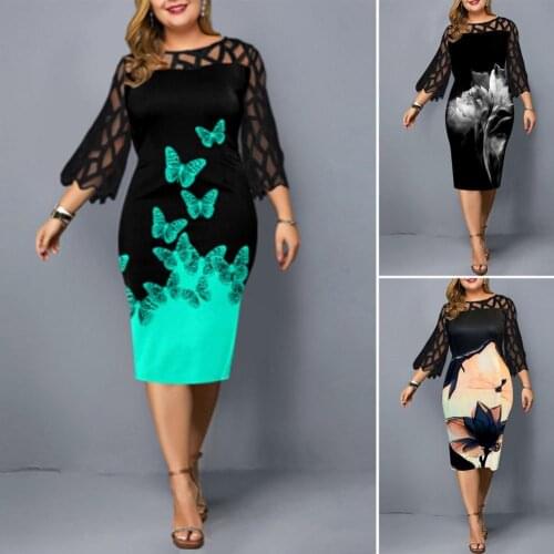 Plus Size Women Knee-length Dress O Neck 3/4 Sleeve Floral Print Mesh Patchwork Bodycon Dress Summer Slim Party Dresses Vestidos